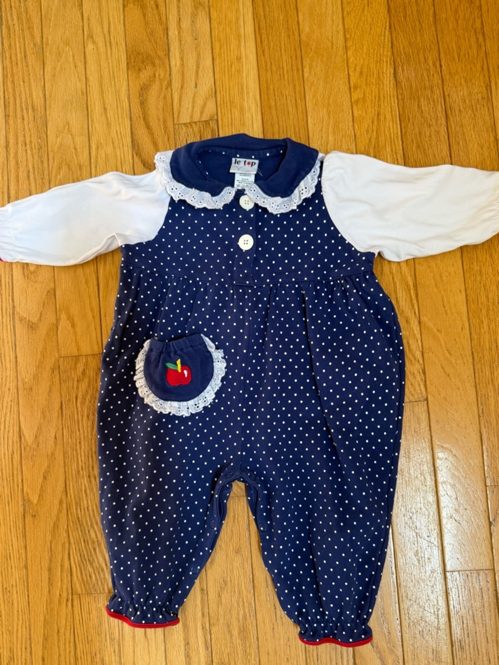 Le Top Girls Navy Blue Polka Dot One-Piece with White Sleeves